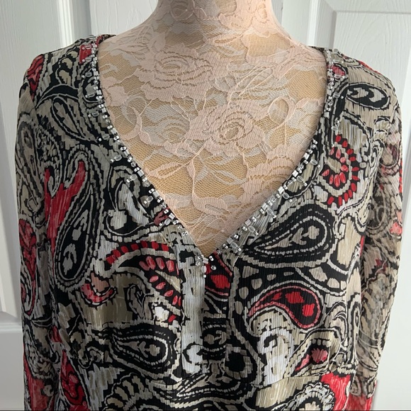 Bob Mackie Studio Plus Size 18 Sheer Layered Paisley Beaded V Neck Top Blouse - Picture 2 of 13